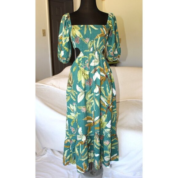 O.P.T Jungle Cut Out Midi Dress Linen Blend Puff Sleeves Hawaiian Floral Size M? - Picture 10 of 11
